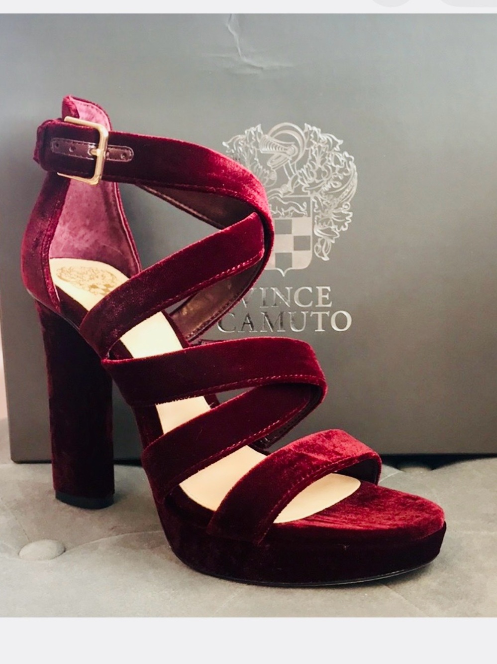 Vince Camuto Burgundy Velvet Strappy Block Heels